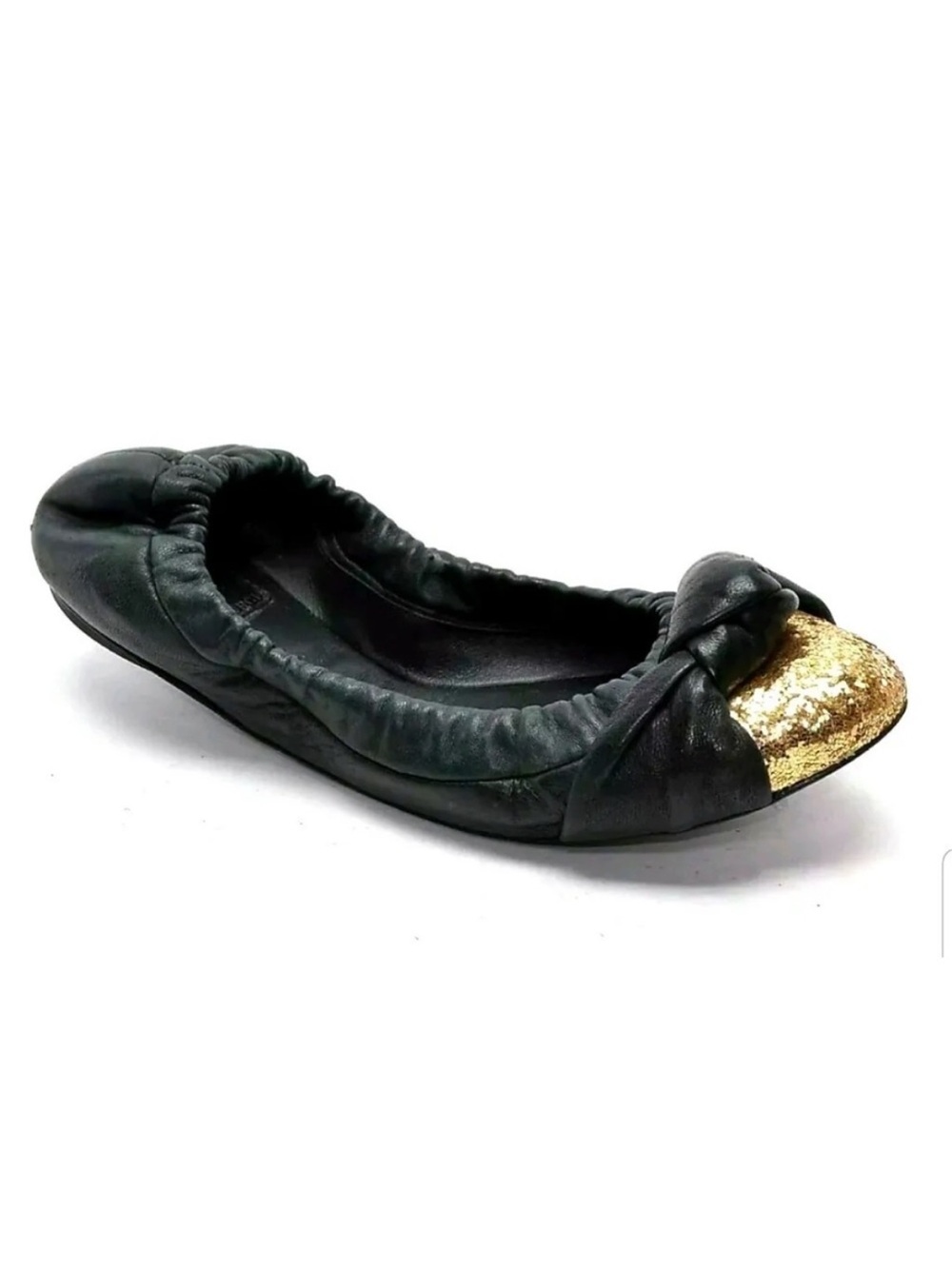 TORY BURCH “Katie” Black Leather Ballet Flats With Gold Glitter Toe Size 7 - Picture 1 of 10